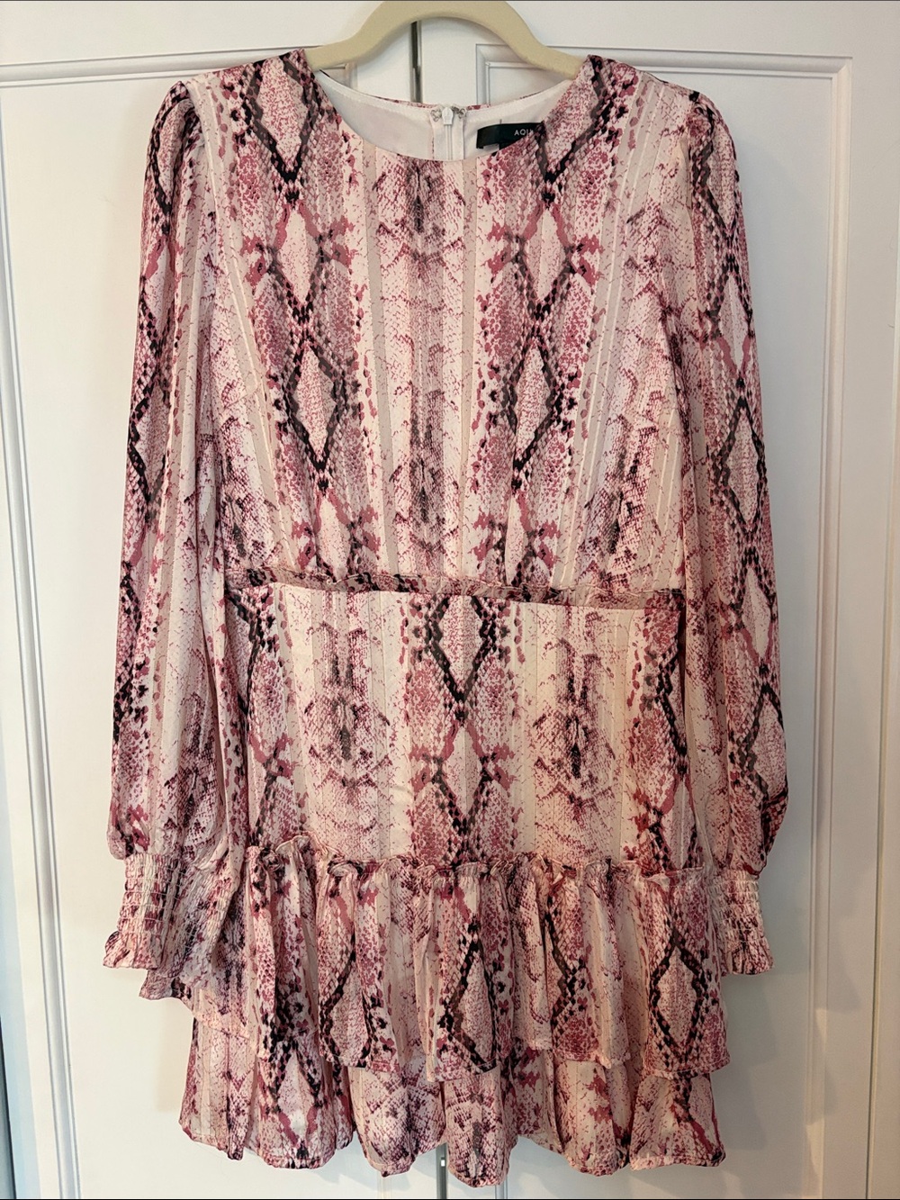 Aqua Pink Snake-Print Ruffle Hem Long Sleeve Dress